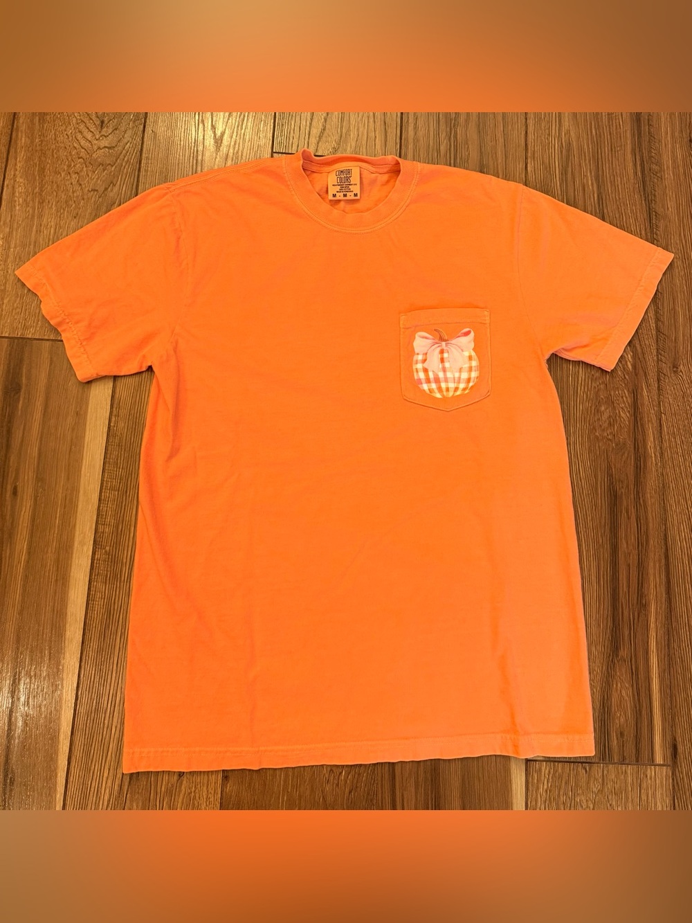 Comfort Colors Orange Short Sleeve Pocket Tee with Gingham Pumpkin